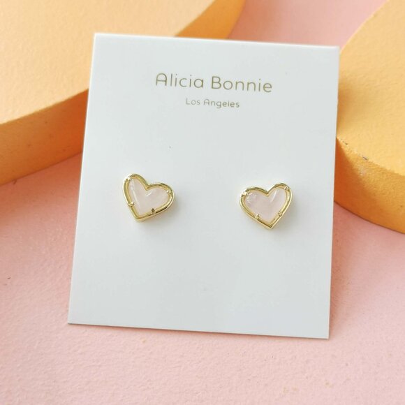 Alicia Bonnie Jewelry - Alicia Bonnie - in Love Rose Quartz Gold Heart Stud Earrings - NEW